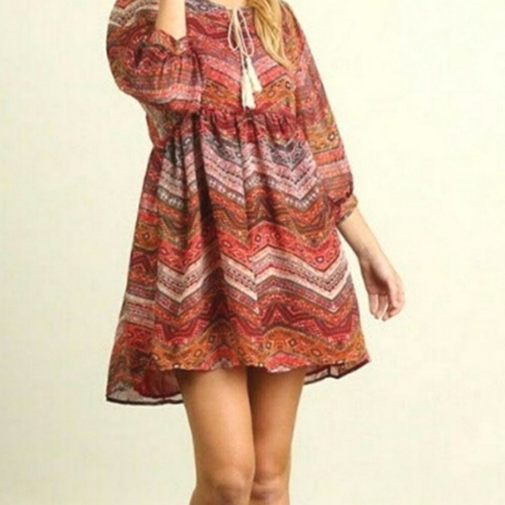 Umgee Red Boho Print V Neck Mini Dress Size Small